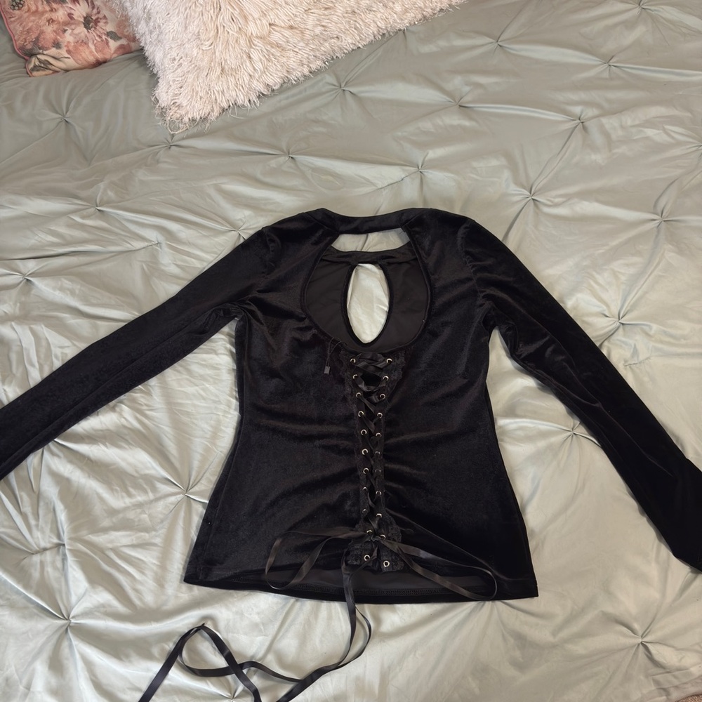 Elegant keyhole velvet Black Lace-Up back Women's Top